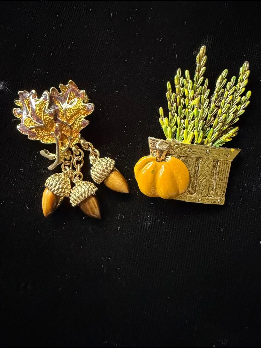 Vintage Fall Harvest Brooch Lot - Oak Leaf Acorn Dangle + Pumpkin Wheat Basket